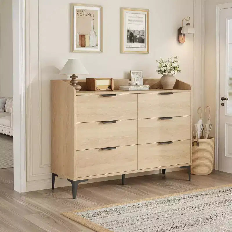 Garvee 6 Dresser with Power Outlets, Freestanding 47.2 Wide Drawer Dresser , Wooden Closet Storage Chest for Bedroom, Living Room