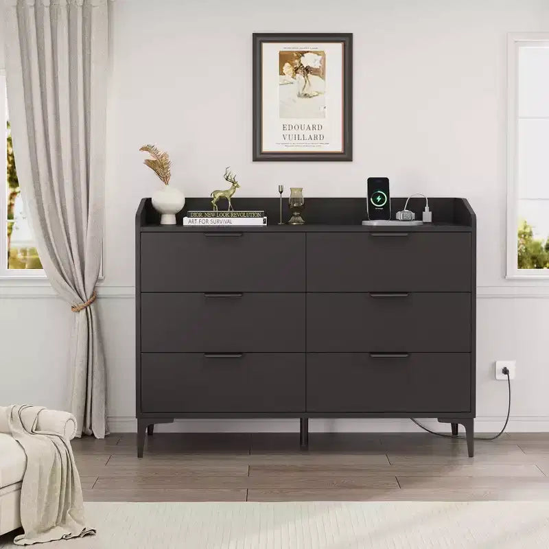 Garvee 6 Dresser with Power Outlets, Freestanding 47.2 Wide Drawer Dresser , Wooden Closet Storage Chest for Bedroom, Living Room