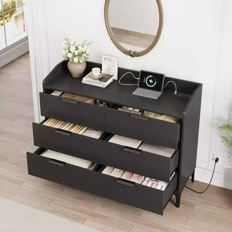 Garvee 6 Dresser with Power Outlets, Freestanding 47.2 Wide Drawer Dresser , Wooden Closet Storage Chest for Bedroom, Living Room