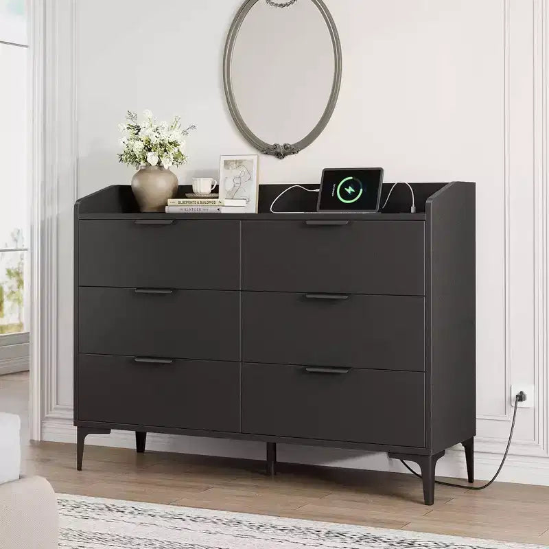 Garvee 6 Dresser with Power Outlets, Freestanding 47.2 Wide Drawer Dresser , Wooden Closet Storage Chest for Bedroom, Living Room