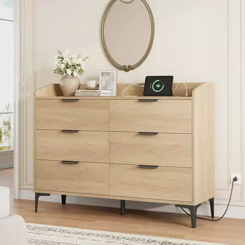 Garvee 6 Dresser with Power Outlets, Freestanding 47.2 Wide Drawer Dresser , Wooden Closet Storage Chest for Bedroom, Living Room