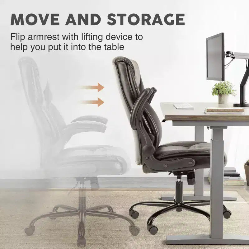 MAYEERTY Office Chair with Flip-Up Armrests Ergonomic Lumbar Support PU Leather