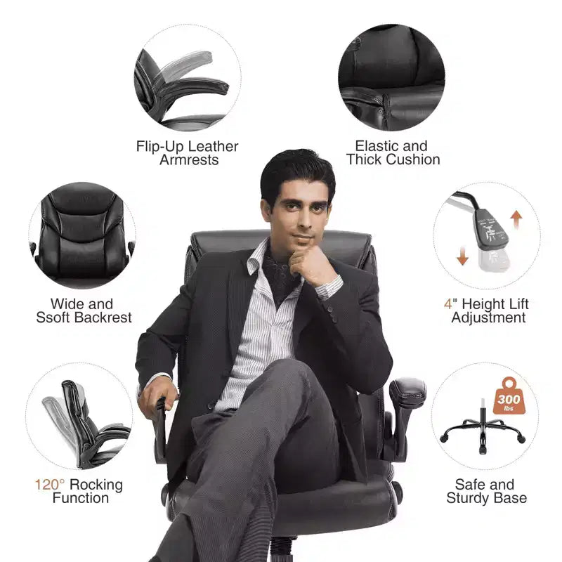 MAYEERTY Office Chair with Flip-Up Armrests Ergonomic Lumbar Support PU Leather