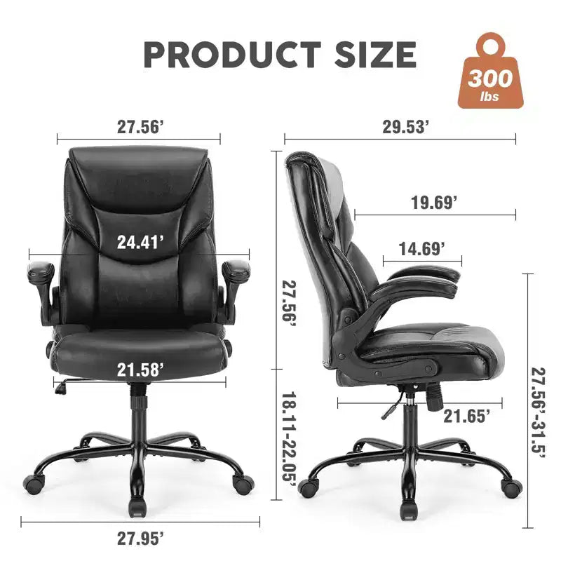 MAYEERTY Office Chair with Flip-Up Armrests Ergonomic Lumbar Support PU Leather