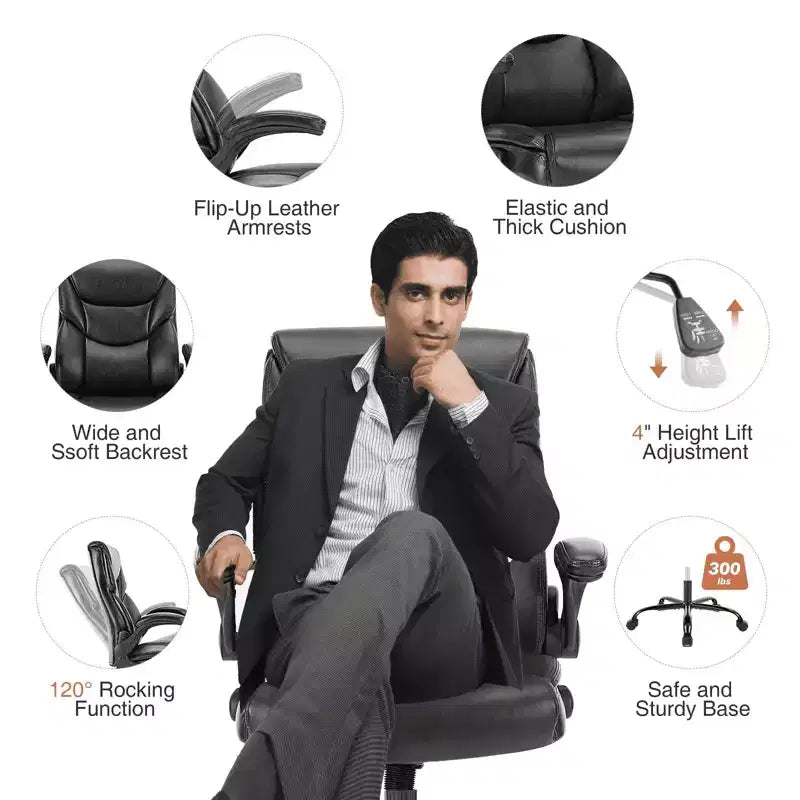 MAYEERTY Office Chair with Flip-Up Armrests Ergonomic Lumbar Support PU Leather