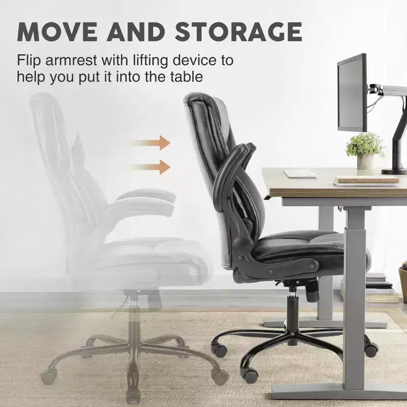 MAYEERTY Office Chair with Flip-Up Armrests Ergonomic Lumbar Support PU Leather