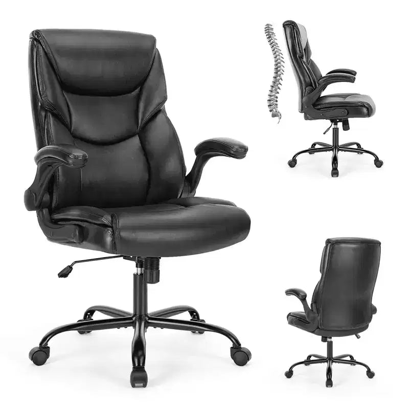 MAYEERTY Office Chair with Flip-Up Armrests Ergonomic Lumbar Support PU Leather