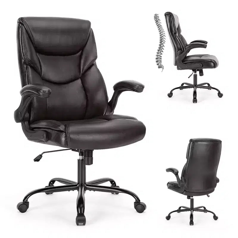 MAYEERTY Office Chair with Flip-Up Armrests Ergonomic Lumbar Support PU Leather