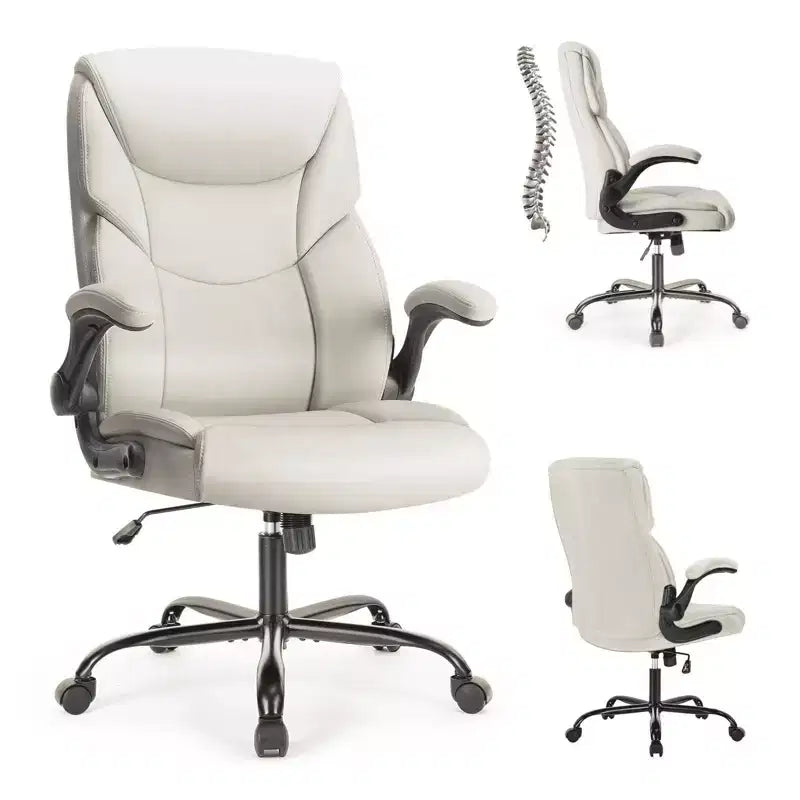 MAYEERTY Office Chair with Flip-Up Armrests Ergonomic Lumbar Support PU Leather