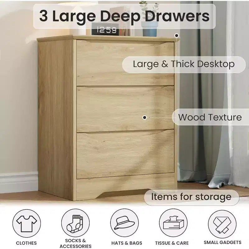 Wooden Dresser with 3 Drawers, Long Storage Dresser, Modern Closet, for Bedroom, Living Room