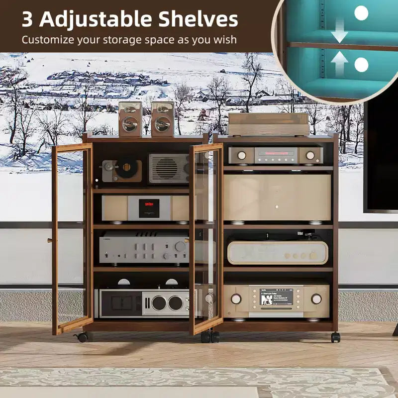 Bekrvio Media Cabinet with LED Light,Metal Storage Cabinet with Glass Door & Adjustable Shelves,Modern TV Stand for Living Room,Gaming & Office