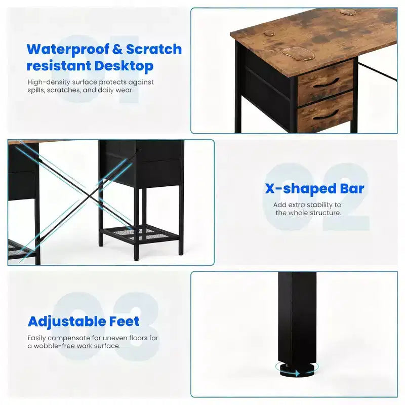 JIONJOY 47'' Computer Desk with 4 Reversible Fabric Drawers & Mesh Shelf, Large Storage Desk for Home Office, Gaming & Study