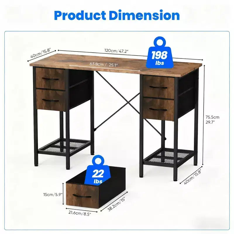 JIONJOY 47'' Computer Desk with 4 Reversible Fabric Drawers & Mesh Shelf, Large Storage Desk for Home Office, Gaming & Study