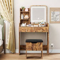 Vanity Desk with LED Mirror and Charging Station, Makeup Table Set with Storage Drawers and Stool, 3 Lighting Modes for Bedroom, Retro Brown