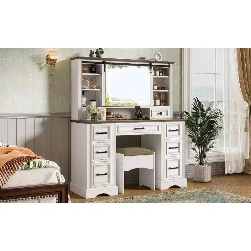 47.2-Inch Farmhouse Makeup Vanity Desk with Sliding LED Mirror, 9 Drawers, Charging Station, Storage Stool, and Open Shelves for Bedroom