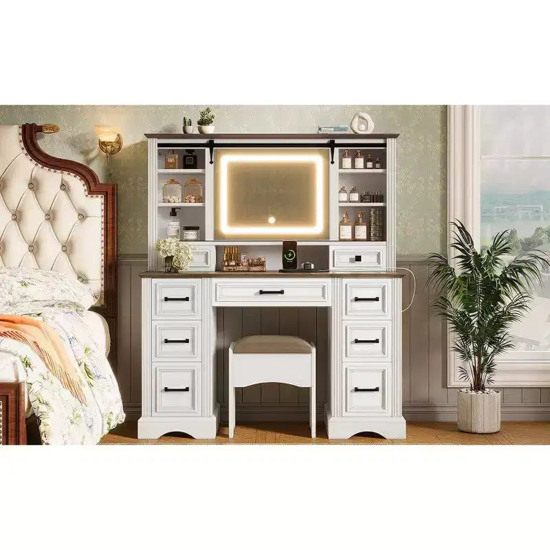 47.2-Inch Farmhouse Makeup Vanity Desk with Sliding LED Mirror, 9 Drawers, Charging Station, Storage Stool, and Open Shelves for Bedroom