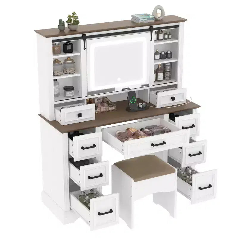 47.2-Inch Farmhouse Makeup Vanity Desk with Sliding LED Mirror, 9 Drawers, Charging Station, Storage Stool, and Open Shelves for Bedroom