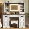 47.2-Inch Farmhouse Makeup Vanity Desk with Sliding LED Mirror, 9 Drawers, Charging Station, Storage Stool, and Open Shelves for Bedroom