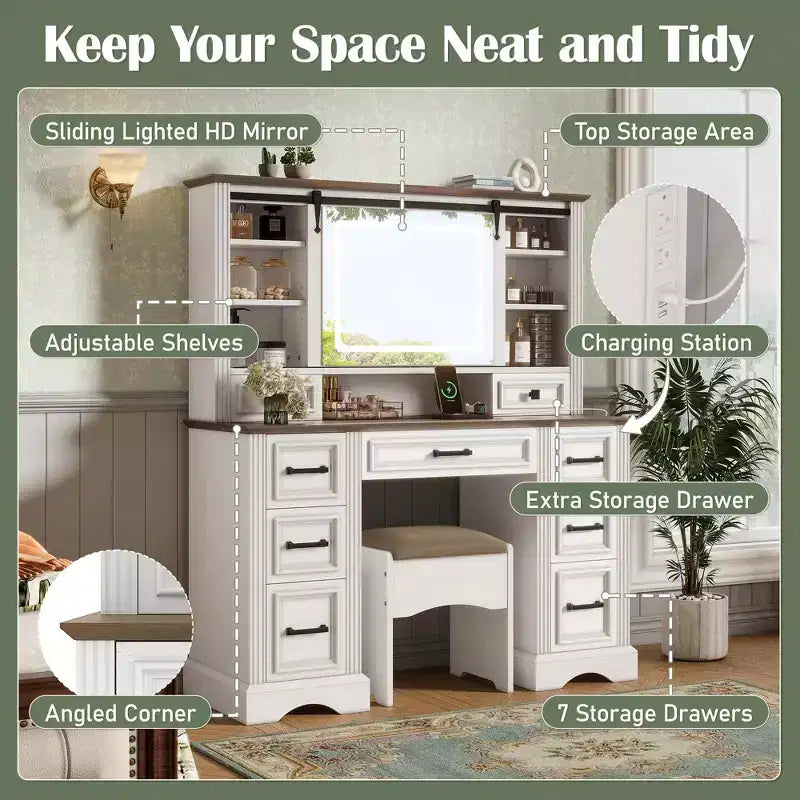 47.2-Inch Farmhouse Makeup Vanity Desk with Sliding LED Mirror, 9 Drawers, Charging Station, Storage Stool, and Open Shelves for Bedroom