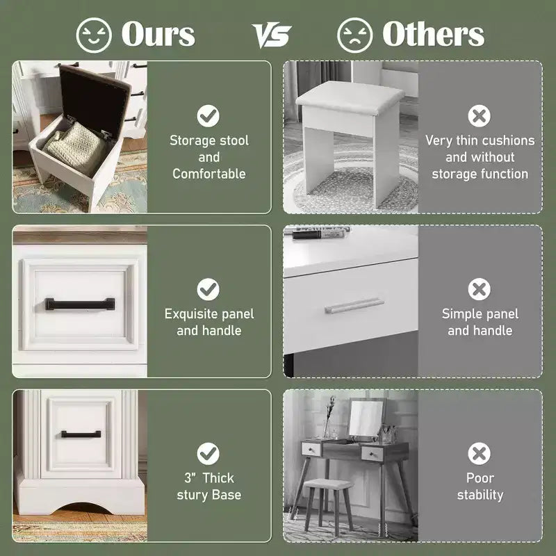 47.2-Inch Farmhouse Makeup Vanity Desk with Sliding LED Mirror, 9 Drawers, Charging Station, Storage Stool, and Open Shelves for Bedroom