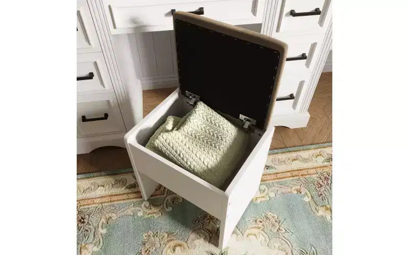 47.2-Inch Farmhouse Makeup Vanity Desk with Sliding LED Mirror, 9 Drawers, Charging Station, Storage Stool, and Open Shelves for Bedroom