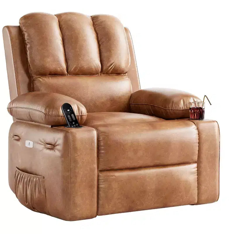 Recliner Chair with 360 Swivel & Rocking, Massage & Heat, PU Leather, USB, Cup Holders, Side Pocket, Beige/Brown Retro, for Living Room/Bedroom