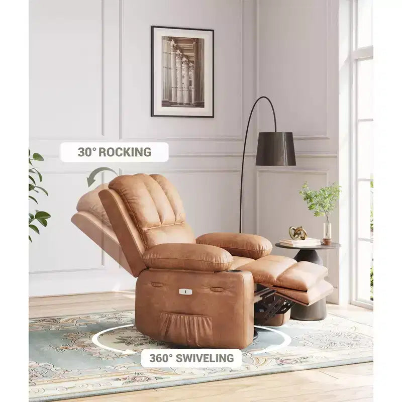 Recliner Chair with 360 Swivel & Rocking, Massage & Heat, PU Leather, USB, Cup Holders, Side Pocket, Beige/Brown Retro, for Living Room/Bedroom