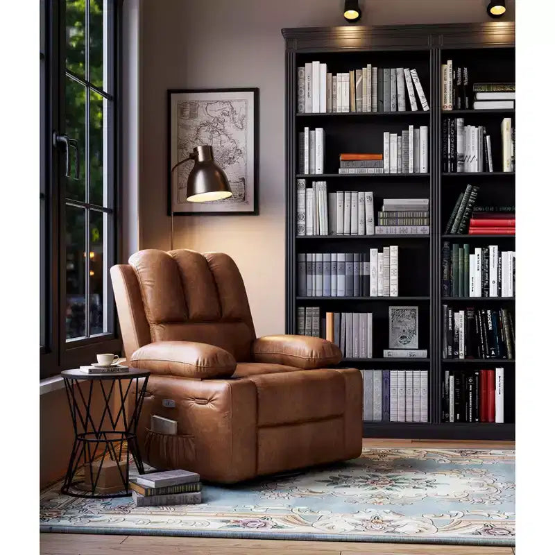Recliner Chair with 360 Swivel & Rocking, Massage & Heat, PU Leather, USB, Cup Holders, Side Pocket, Beige/Brown Retro, for Living Room/Bedroom