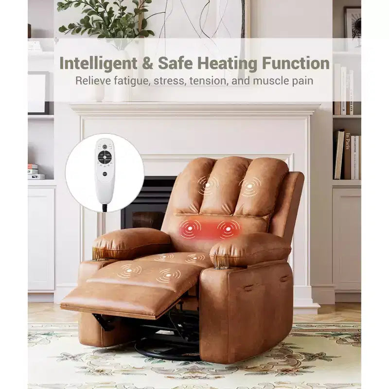Recliner Chair with 360 Swivel & Rocking, Massage & Heat, PU Leather, USB, Cup Holders, Side Pocket, Beige/Brown Retro, for Living Room/Bedroom