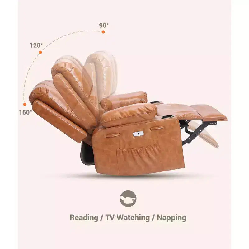 Recliner Chair with 360 Swivel & Rocking, Massage & Heat, PU Leather, USB, Cup Holders, Side Pocket, Beige/Brown Retro, for Living Room/Bedroom