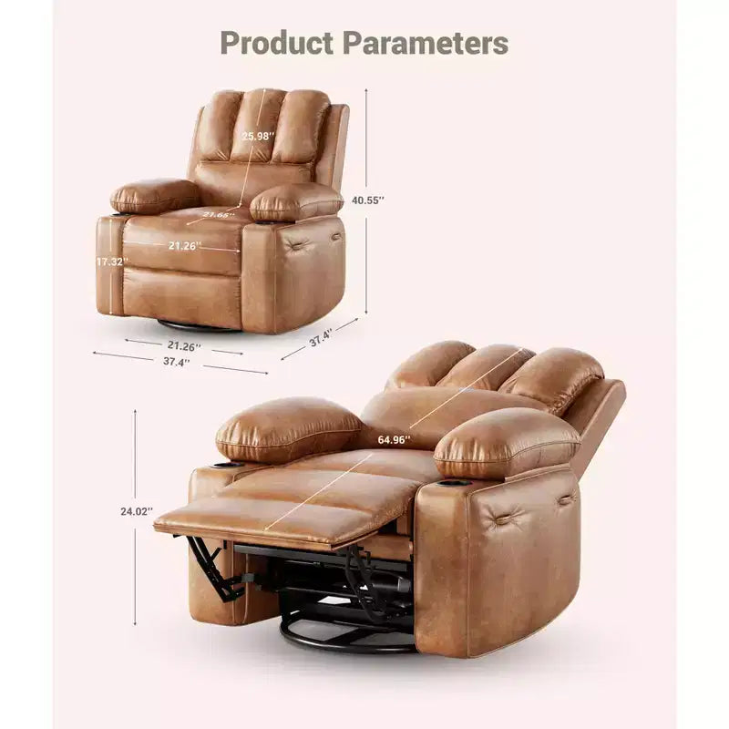 Recliner Chair with 360 Swivel & Rocking, Massage & Heat, PU Leather, USB, Cup Holders, Side Pocket, Beige/Brown Retro, for Living Room/Bedroom