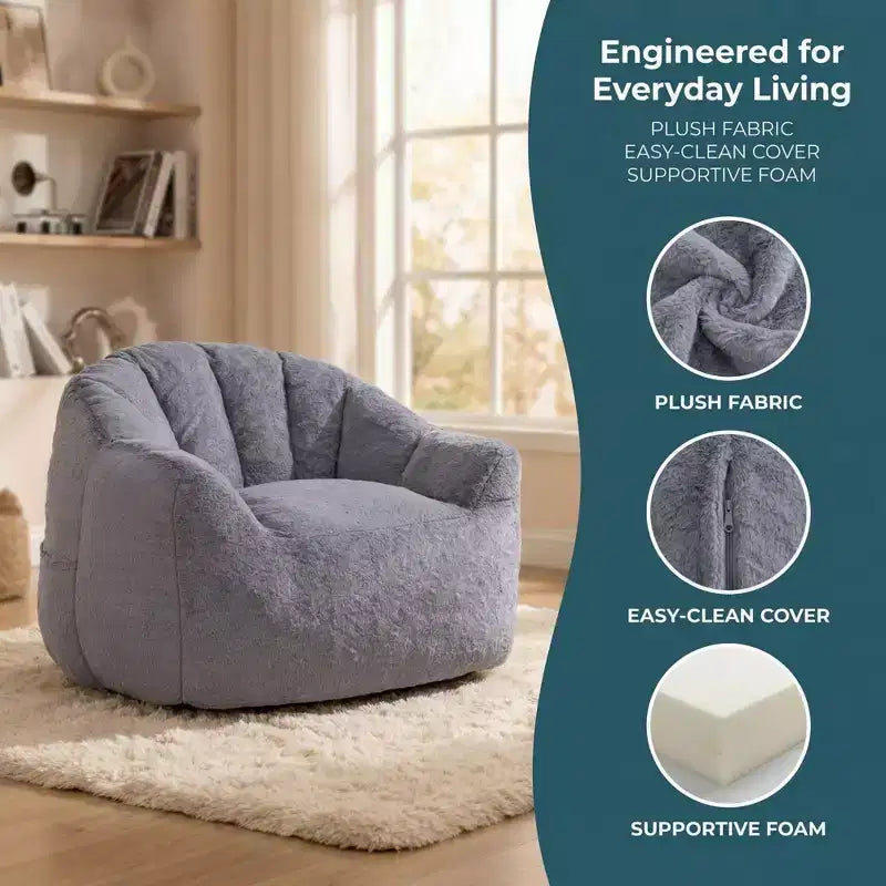White Lounge Accent Chair for Adults, Faux Fur Upholstered Reading Chair with Armrests, High Density Foam, Cozy Modern Chair for Living Room Bedroom