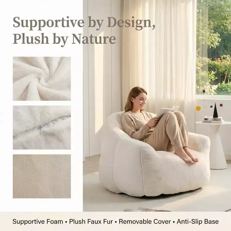 White Lounge Accent Chair for Adults, Faux Fur Upholstered Reading Chair with Armrests, High Density Foam, Cozy Modern Chair for Living Room Bedroom