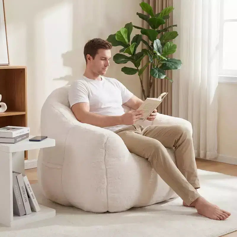 White Lounge Accent Chair for Adults, Faux Fur Upholstered Reading Chair with Armrests, High Density Foam, Cozy Modern Chair for Living Room Bedroom