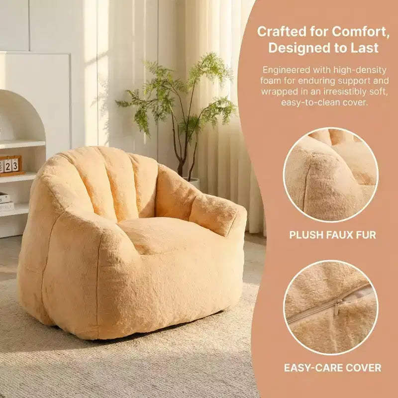 White Lounge Accent Chair for Adults, Faux Fur Upholstered Reading Chair with Armrests, High Density Foam, Cozy Modern Chair for Living Room Bedroom