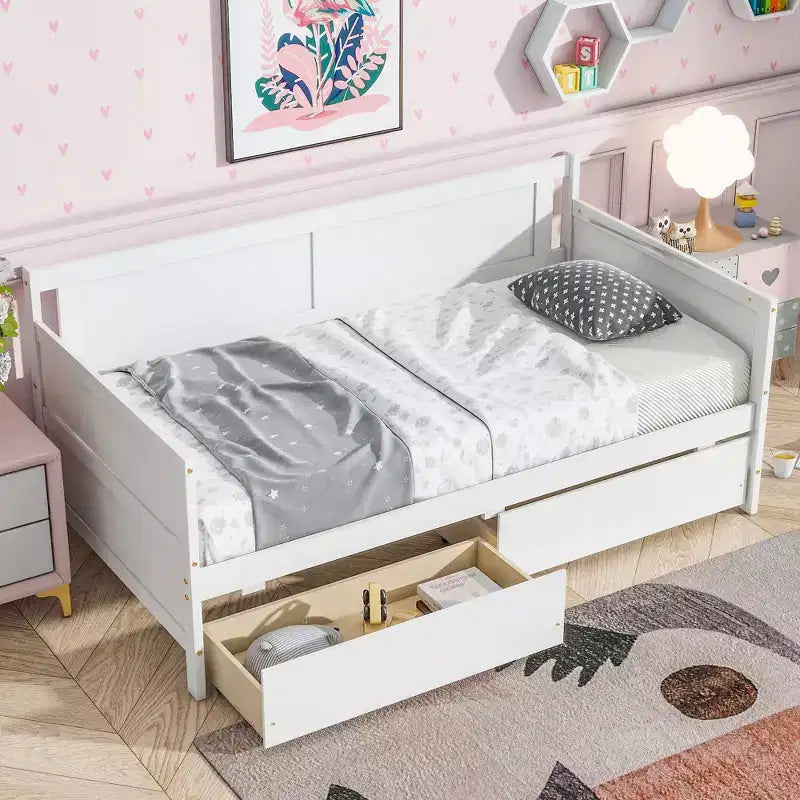 MAYEERTY Queen Bed Frame Soft-Close Drawers Solid Rubberwood No Box Spring Needed
