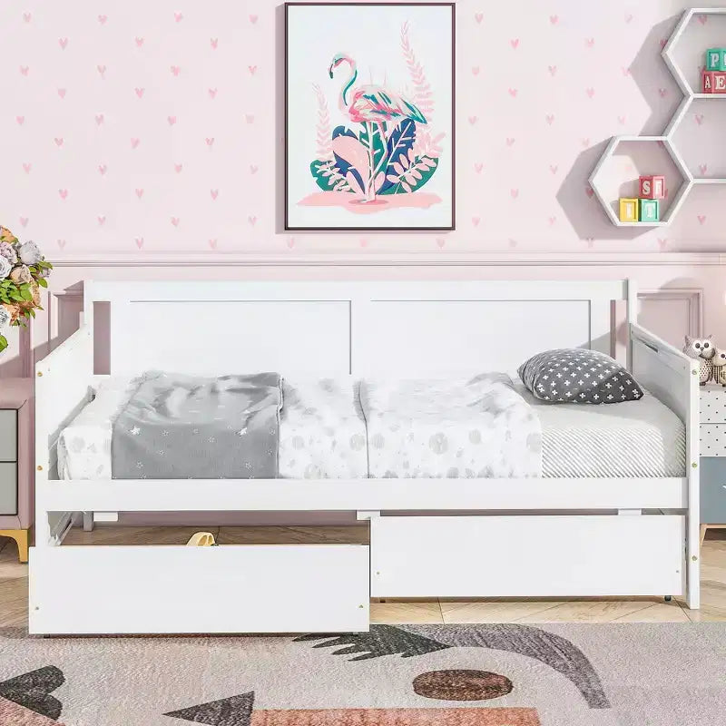 MAYEERTY Queen Bed Frame Soft-Close Drawers Solid Rubberwood No Box Spring Needed