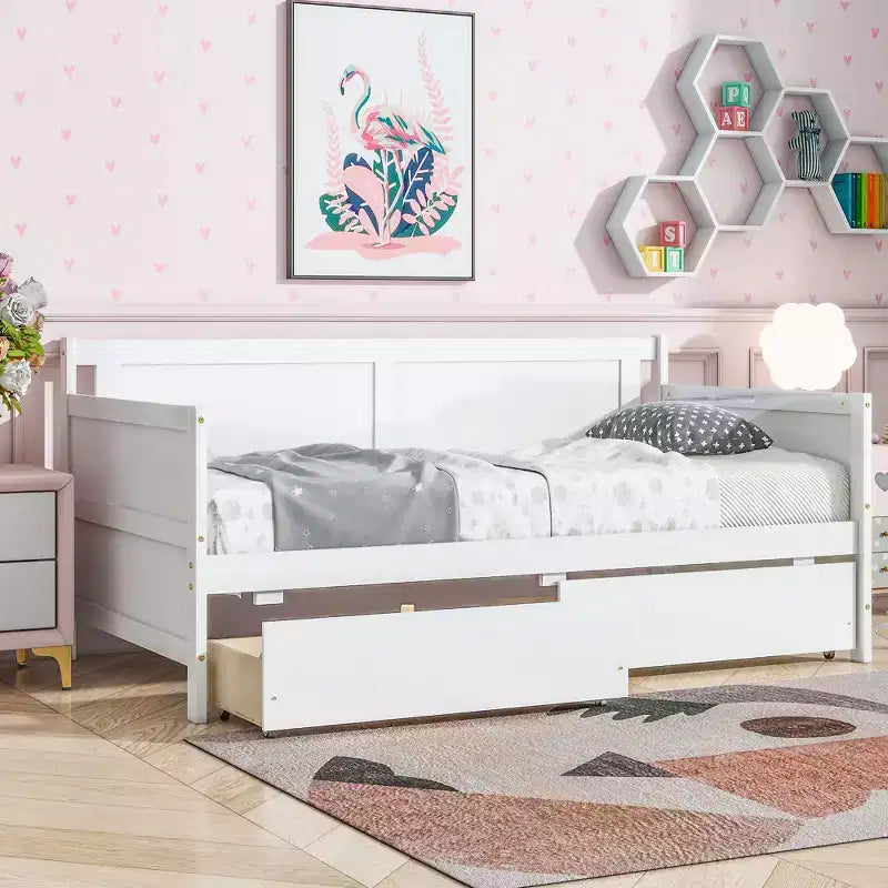 MAYEERTY Queen Bed Frame Soft-Close Drawers Solid Rubberwood No Box Spring Needed