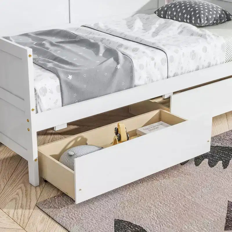 MAYEERTY Queen Bed Frame Soft-Close Drawers Solid Rubberwood No Box Spring Needed