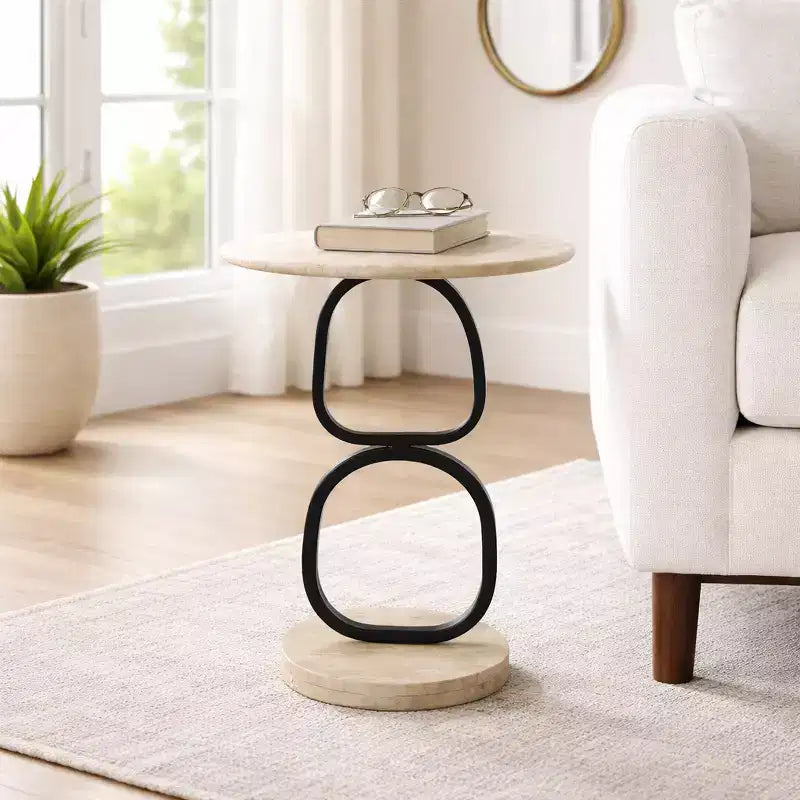 Marble Top and Metal Base Round End and Side Table for Small Room Spaces - Modern Accent for Bedroom and Living Room Decor - 23, Tan & Black