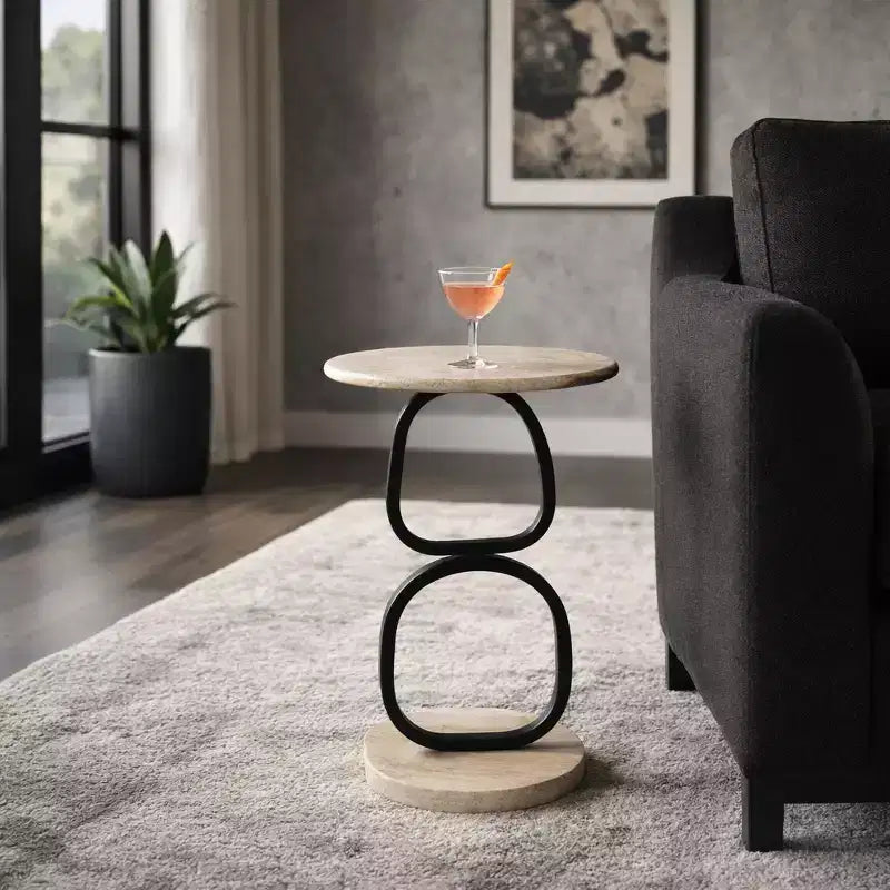 Marble Top and Metal Base Round End and Side Table for Small Room Spaces - Modern Accent for Bedroom and Living Room Decor - 23, Tan & Black