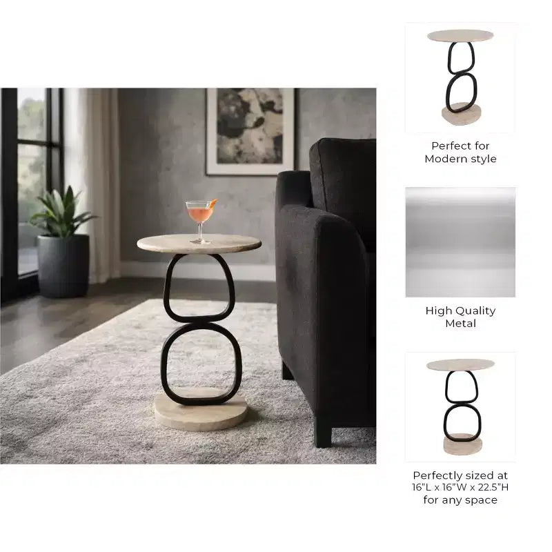 Marble Top and Metal Base Round End and Side Table for Small Room Spaces - Modern Accent for Bedroom and Living Room Decor - 23, Tan & Black