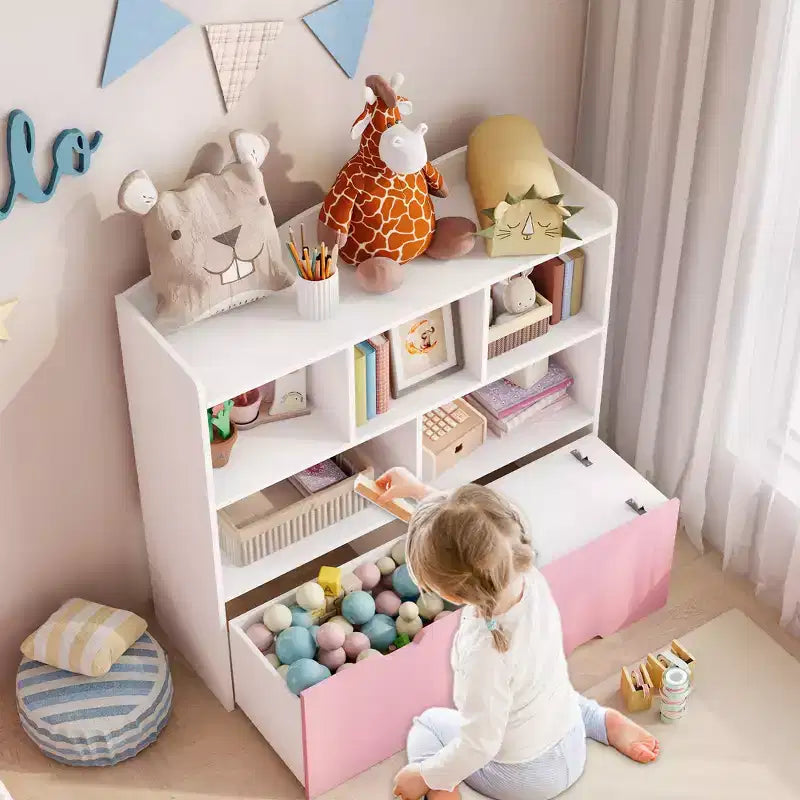 Pink and White Kids Toy Storage Organizer, Wooden Toy Storage Cabinet, Playroom Storage Cubby, Toys Organizers and Storage for Bedroom, Nursery