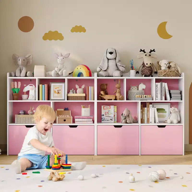 Pink and White Kids Toy Storage Organizer, Wooden Toy Storage Cabinet, Playroom Storage Cubby, Toys Organizers and Storage for Bedroom, Nursery