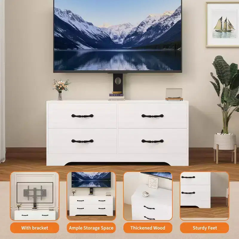 Modern Adjustable TV Stand Dresser for 32-85 Inch TVs, 4 Large Drawers & 6 Rattan Storage Drawers, Media Console for Living Room and Bedroom