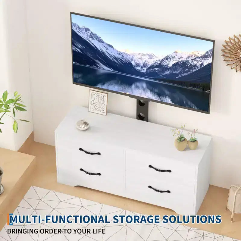 Modern Adjustable TV Stand Dresser for 32-85 Inch TVs, 4 Large Drawers & 6 Rattan Storage Drawers, Media Console for Living Room and Bedroom