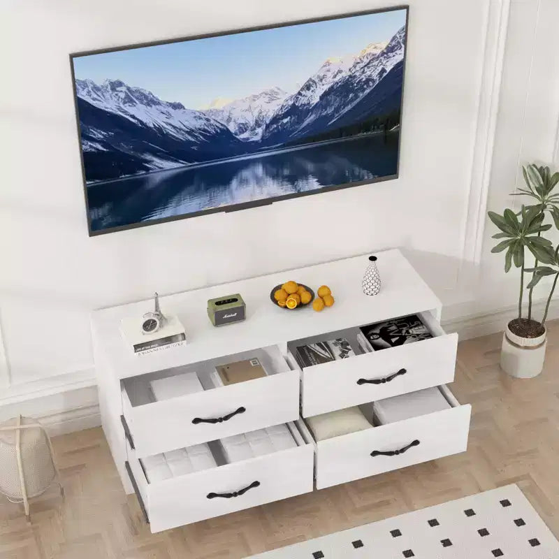 Modern Adjustable TV Stand Dresser for 32-85 Inch TVs, 4 Large Drawers & 6 Rattan Storage Drawers, Media Console for Living Room and Bedroom