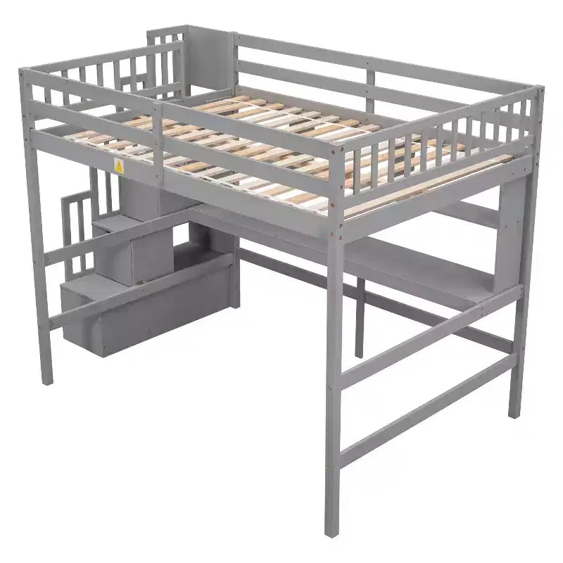 Bellemave Full?Loft Bed with Desk and Storage Shelves,Pine Loft Bed Frame with Storage Stairs for Boys and Girls,No Box Spring Needed,Grey