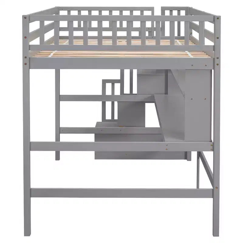 Bellemave Full?Loft Bed with Desk and Storage Shelves,Pine Loft Bed Frame with Storage Stairs for Boys and Girls,No Box Spring Needed,Grey