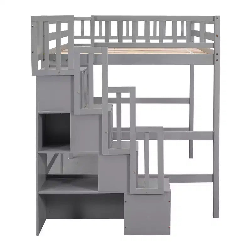 Bellemave Full?Loft Bed with Desk and Storage Shelves,Pine Loft Bed Frame with Storage Stairs for Boys and Girls,No Box Spring Needed,Grey